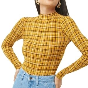 Forever 21 Bodysuit Plaid Long Sleeves SZ Small Mustard Yellow Preppy Mock Neck